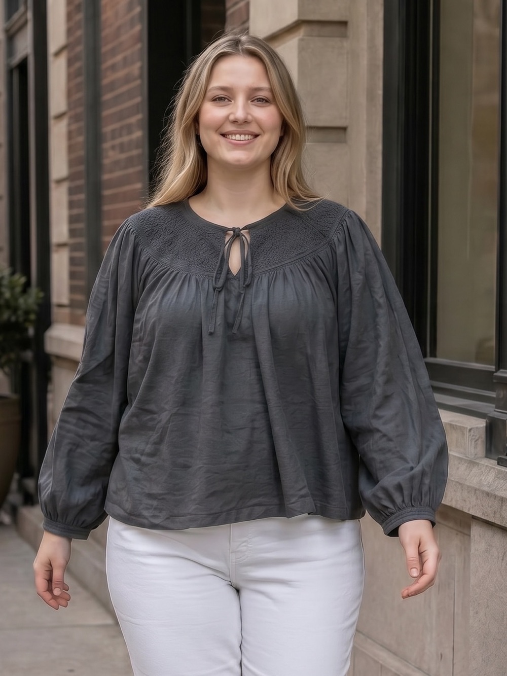 Old Navy Charcoal Smocked Yoke Peasant Blouse